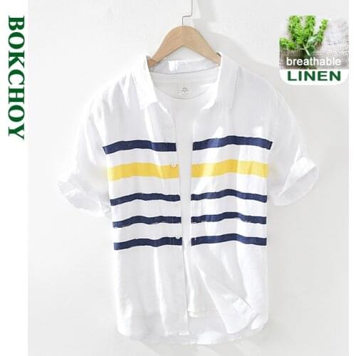 2021 Summer and Spring New Men Fashion Color Matching Striped Linen Shirt Youth Loose Casual Orkwear White Top GD-2702