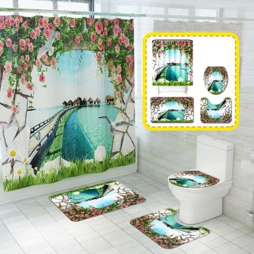 4Pcs/Set Modern Scenery Printed Bathroom Bath Mat Shower Curtain Hooks Set Home Decor Floor Carpet Rugs Toilet Lid Cover Doormat