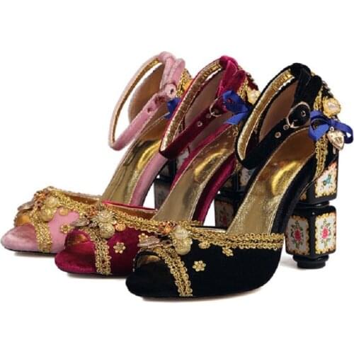 Summer profiled heel square heel thick heel printed suede sandals banquet dress catwalk all-match large size womens shoes