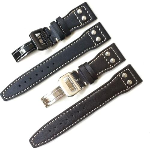 Brands 22mm Dark Brown Black Men Genuine leather Watchband Replace For IWC Big Pilot Rivet Deployant Clasp Watch Strap Bracelet