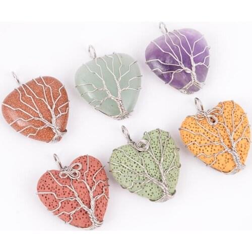 Tree of Life Wire Wrapped Love Heart Necklace & Pendant Suspension Natural Gem Stone Tiger Eye Pink Quartz Vesuvianite OnyxD395