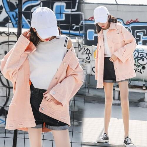 Jeans Jacket Women Loose Holes Denim Jacket Femme BF Letter Jackets Basic Coats Casacos Feminino Plus Size LX162