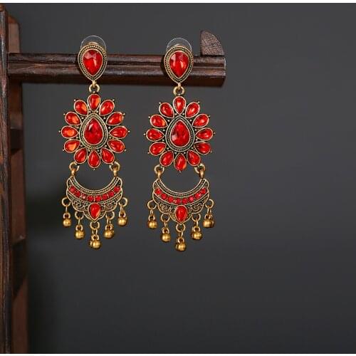 Boho Gypsy Red Flower Rhinestone Indian Earrings Women Orecchini Jewelry Afghan Ladies Retro Jhumka Earrings