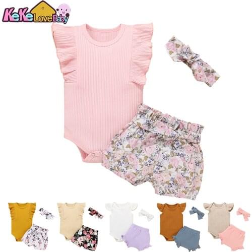Summer Newborn Infant Baby Girl Clothes Set Cute Cotton Knitted Short Sleeve Tops Flower Pants Headband New Born Toddler Outfits