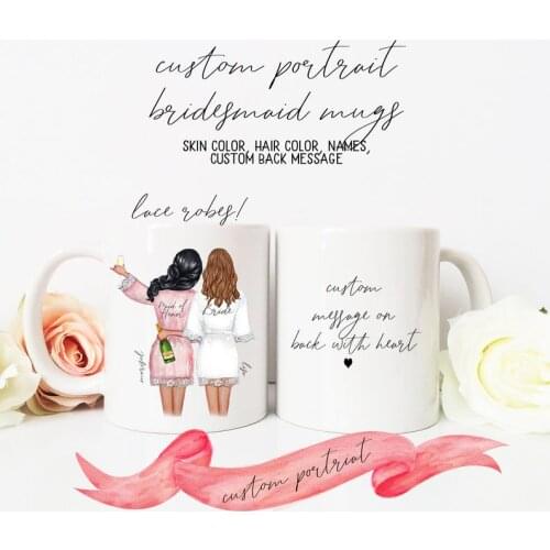 Custom Portrait BRIDESMAID mugs,Bride with Bridal Party Holding Champagne,Customize Hair, Skin, Robes, Names, Back,LACE ROBES