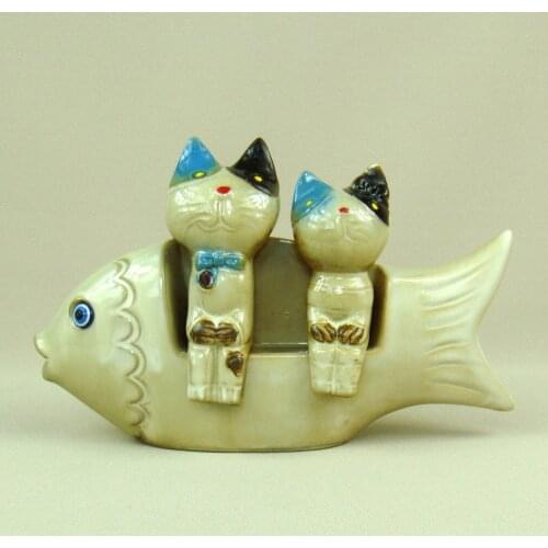 Wacky Ceramics Cat Lovers Miniature Handmade Porcelain Kitten and Fish Figurine Decor Novelty Gift Craft Ornament Accessories