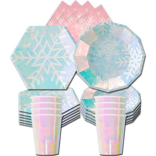 Snowflake Disposable Tableware Set Service 8 Guests Blue Plates Pink Cups Napkins Happy Birthday Party Decor Kids Boys Girls