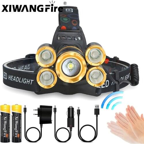 IR Sensor LED Headlight Fishing Headlamp 5 LED T6 Head Lamp with Sensor Waterproof Camping Head Torch Powered By 18650 Battery