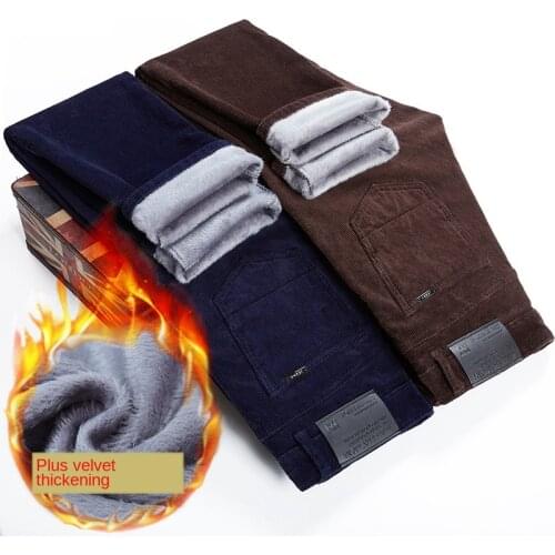 2021 New Thicken Warm Winter Pants Men Black Straight Fleece Velvet Corduroy Mens Pants Trousers Slim Casual Pant