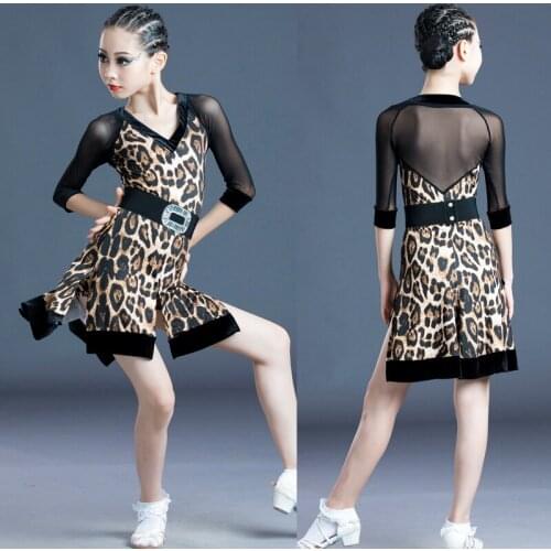 New 120-170 Latin Dance Dress Kids Adult Salsa Ballroom Tango Cha Baby Girl Sexy Leopard Dress Women Full Prefessional Costumes