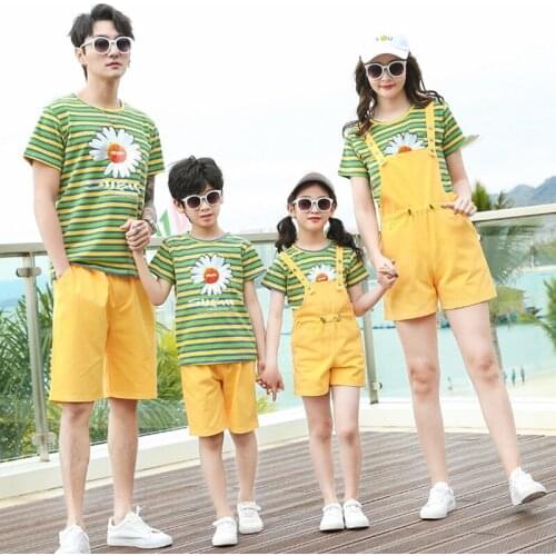 Family Matching Outfits Fashion father and son T-shirt and pants summer mom and daughter strap T-shirt and pants suits beach