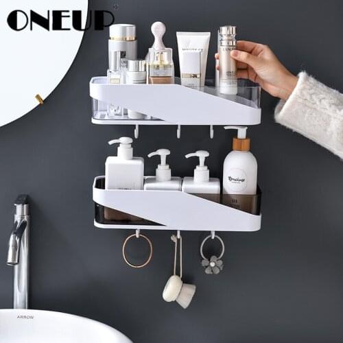 ONEUP 1 Pcs Wall Mounted Bathroom Shelf Shampoo Cosmetic Coat Hook Storage Rack Punch-free Household Items Bathroom Accessories