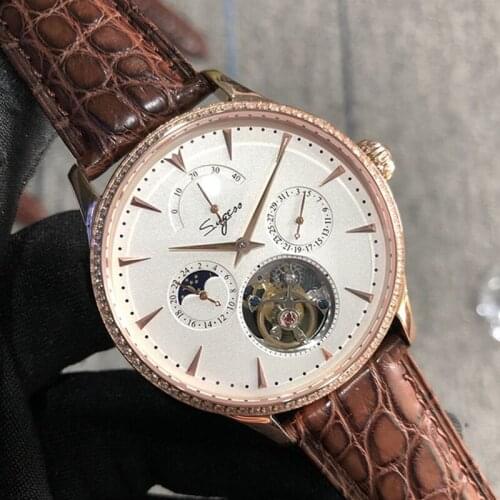 Luxury Tourbillon Watch Moon Phase Date Manual Mechanical Mens Watch Seagull 8007 Movement Men Watch Waterproof Business Clock