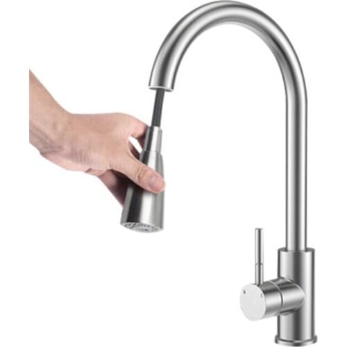 Brushed Nickel Faucet Kitchen Sink Hot Cold Taps Dual Hole Pull Out Spout Faucets Home 360 Degree Rotation Stainless Steel Tap