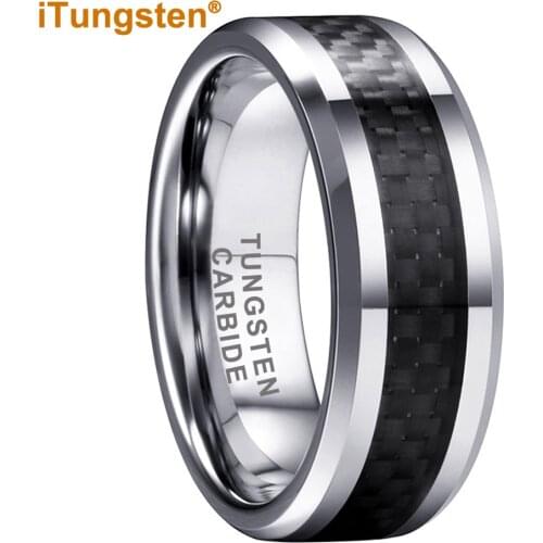 6MM 8MM Mens Womens Tungsten Wedding Ring With Black Carbon Fiber Inlay Beveled Polished Comfort Fit