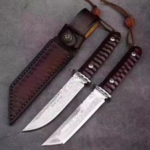 High end Japanese style Damascus steel Blade tactical camping Fixed Blade knife collection Straight knife configuration leather