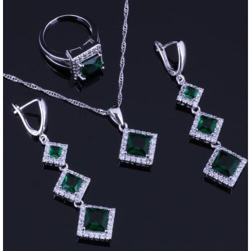 Glowing Square Green Cubic Zirconia White CZ Silver Plated Jewelry Sets Earrings Pendant Chain Ring V0261