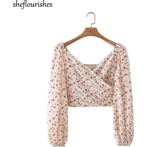 2021 Vintage shirt women floral blouse casual v neck top korean lantern sleeve top cute beige blouses lady cropped shirt 2021
