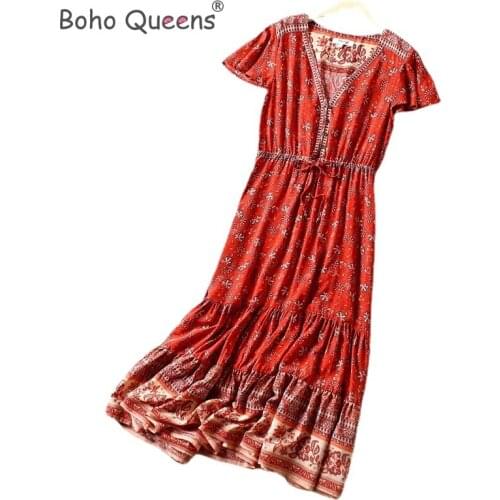 Boho Queens women floral print bat sleeve beach Bohemian maxi dresses Ladies V neck Tassel Summer rayon Boho dress vestidos