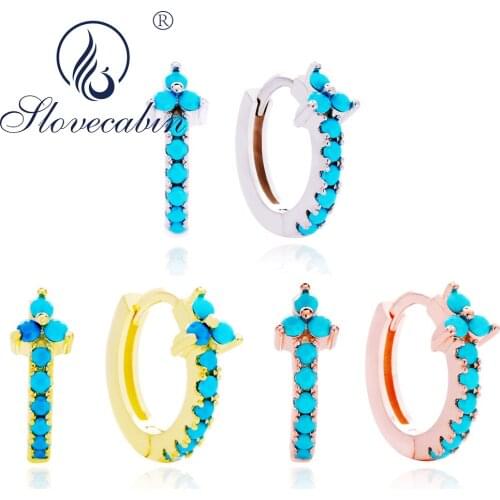 Slovecabin High Quality 925 Sterling Silver Pave Turquoise Huggies Hoop Earrings For Women Piercings Earrings Femme Mujer Gift