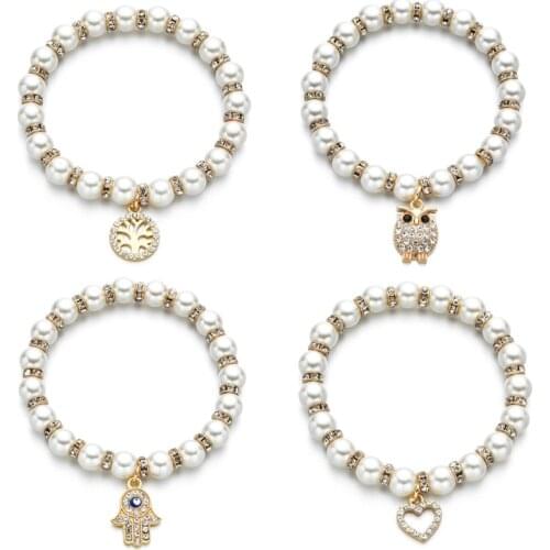 New Imitation Pearls Beads Elastic Rhinestone Bracelets For Female Life Tree Owl Heart Bangle Women Wedding Bridal Jewelry Gift