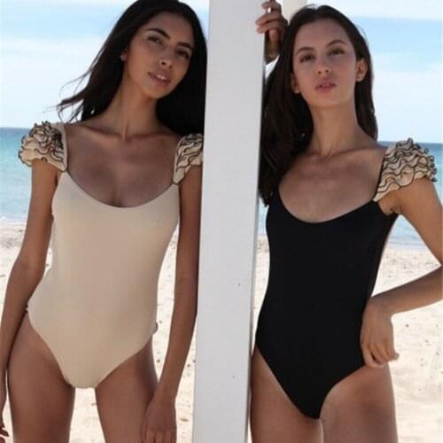 Women One-Piece Swimsuits Beachwear Ladies Sexy Summer Solid Color Floral Ruffles Sleeves Swimwear Push-up Padded Swimsuit