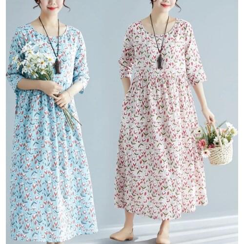 2021 Loose Long Casual Elegent Soft Cotton Large Half Sleeve Female O-Neck Summer Holiday Maxic Print Dress Lady Dress