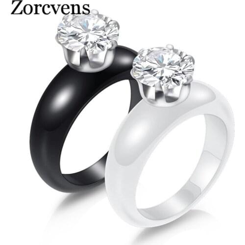 ZORCVENS Wedding Engagement Round Ring Black And White Color Cubic Zirconia Ceramic Ring for Women Wedding Gift