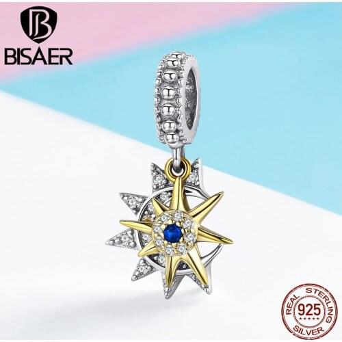 BISAER Authentic 925 Sterling Silver Sun & Moon Charms Zircon Planet Beads fit Women Bracelet Necklaces DIY Jewelry ECC1135