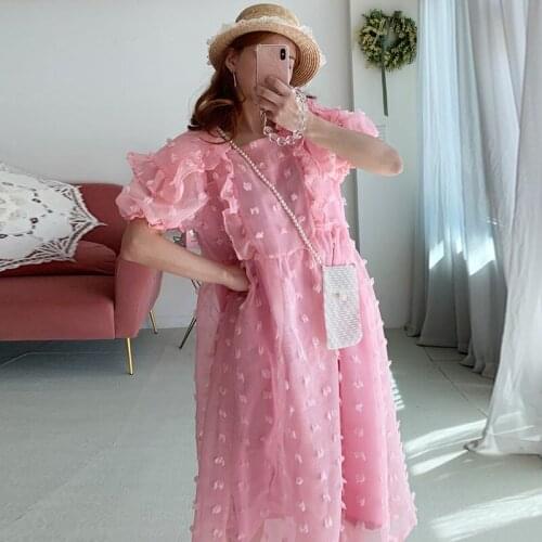 Korea Chic Age Reduction Sweet Square Collar Three-Dimensional Dot Wood Ear Stitching Design Loose Puff Sleeve Dress Female