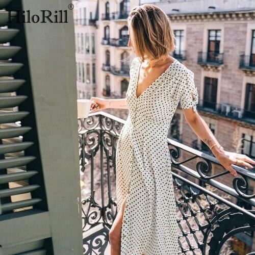 HiloRill Women Polka Dot Summer Boho Dresses 2020 Sexy Deep V Neck Split Beach Dress Bow Tie Short Sleeve Holiday Party Dress