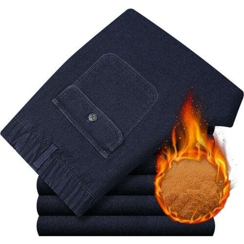 Winter warm with velvet thicken elastic waist middle-aged men jeans loose straight casual jeans Male Solid Fleece Denim trousers