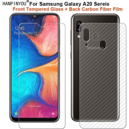For Samsung Galaxy A20 A20e A20s 1 Set= Soft Back Carbon Fiber Film + Clear Premium Tempered Glass Front Screen Protector