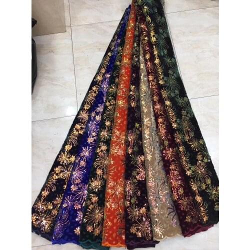 2020 African Handcut Velvet Double Sequinse French Tulle Lace Fabrics Embroidery Materials 5yards For Party Wedding Lady Dress