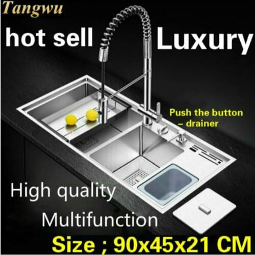 Free shipping Apartment luxury push button drainer big kitchen manual sink double groove stainless steel hot sell 900x450 MM
