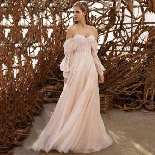 Boho Wedding Dresses Bohemian Off Shoulder Light Pink Tulle Sweetheart Corset Puff Sleeves Princess Wedding Party Dress