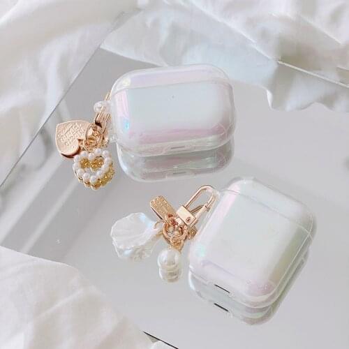 Cute Dreamy White laser Hard Earphone Case For AirPods 1 2 3 Pro Wireless Bluetooth Headset Cover With Pearl Love Heart Key Ring