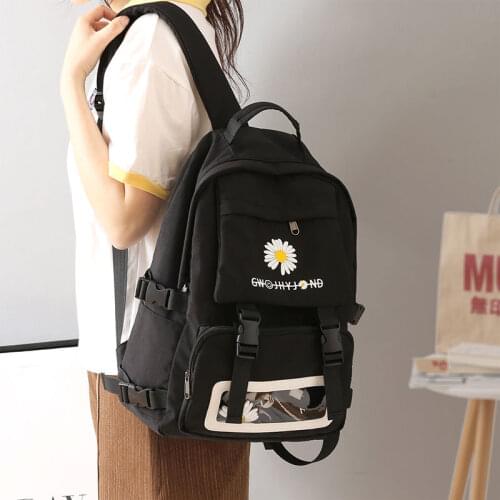 Black Backpack for Girls School Bags Teenage Back Pack Women Oxford Waterproof School Bagpack Transparent Pouch Fashion Flowers