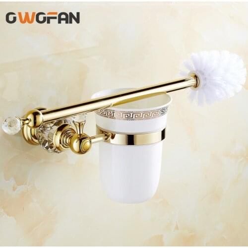 Toilet Brush Holders Luxury Wall Mounted Brass with Crystal Ceramic Cup Golden Bath Toilet brush Bathroom Accessories 4546K