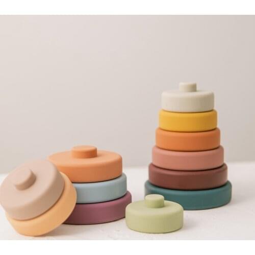 NEW 6PCS Baby Toys Sensory Silicone Educational Building Blocks 3D Stacking Babies Rubber Teether Squeeze Circle Toys For Infant