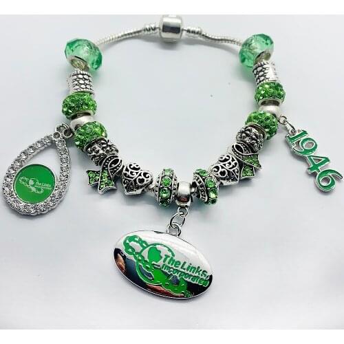 Hot popular sorority society green rhinestone inlaid metal big hole beads The Links Incorporated 1946 pendant jewelry bracelet