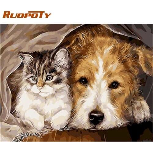 RUOPOTY DIY Oil Painting By Numbers For Adults Dog Cat In Bag Picture By Number Handmade 60x75cm Framed On Canvas Wall Artcraft