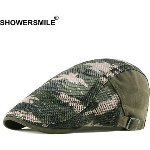 SHOWERSMILE Camouflage Mens Beret Caps Army Green Spring Summer Flat Cap Men Cotton Adjustable Male 2021 New Arrival Hat Beret