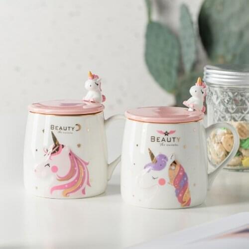 Unicorn Coffee mug Cute Ceramic Cartoon mug Novelty Print Porcelain Stirring Mug with 3d Unicorn Lid Animal Mug for girl gifts