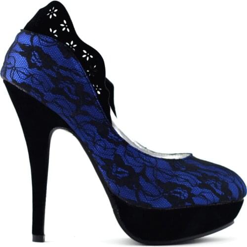 LF30443 Ladies Black Lace Floral Print EVE Platform Stiletto Shoes