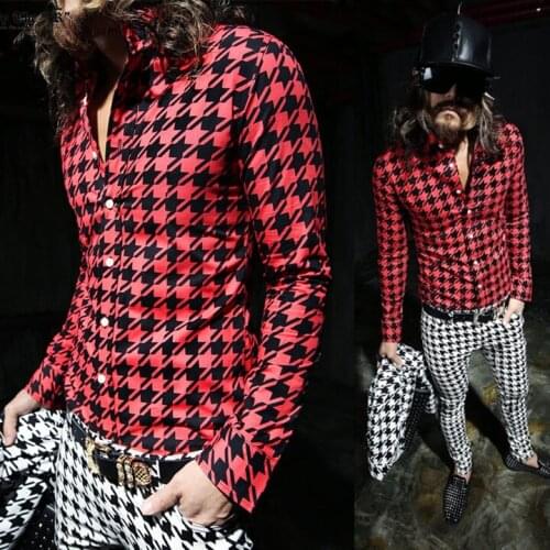 M-XXL ! 2016 New Mens clothing spring male shirt Red houndstooth slim long-sleeve shirt slim Stage singer costumes