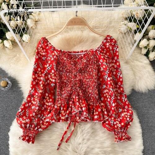 YornMona Korean Fashion Ruched Floral Print Blouse Shirts Women Long Puff Sleeve Ruffles Boho Tops Streetwear Female Blusas