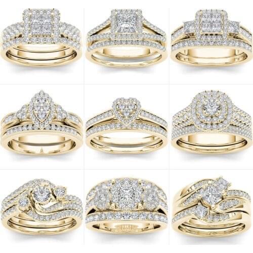 Fashion Bridal Set Rings Luxury Gold Color Geometric Shape Wedding Jewelry Women Micro Pave CZ Lady Proposal Engagement Rings