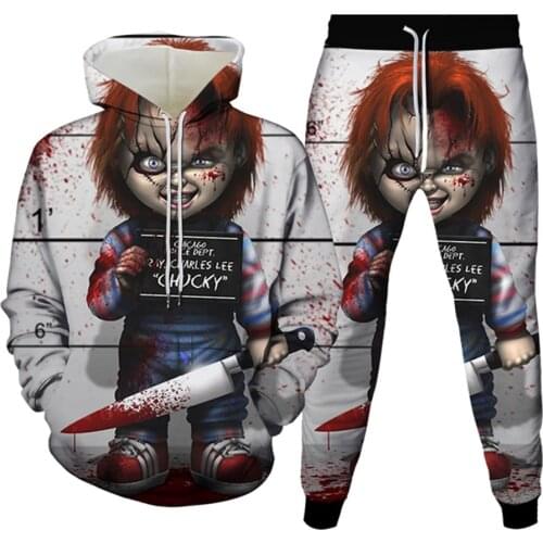 Horror Movie Chucky Anime Print Men Tracksuit Clothes Plus Size S-6XL Women Halloween Punk Hoodies+Trousers 2pcsSuits Sportwea