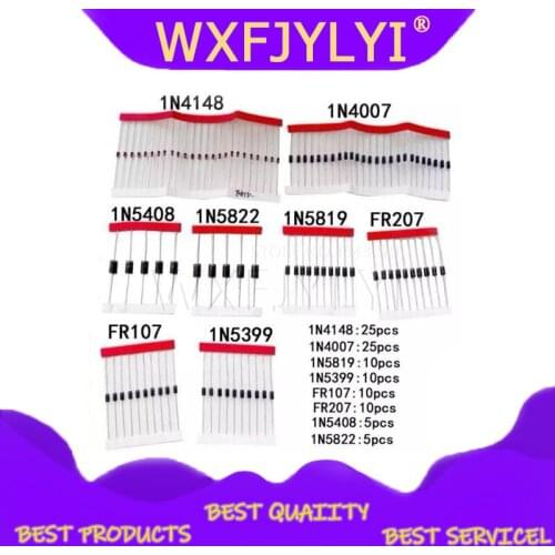 8values=100pcs 1N5399 1N5408 1N4148 1N4007 1N5819 1N5822 FR107 FR207 Switching Diode component kit the quantity check details